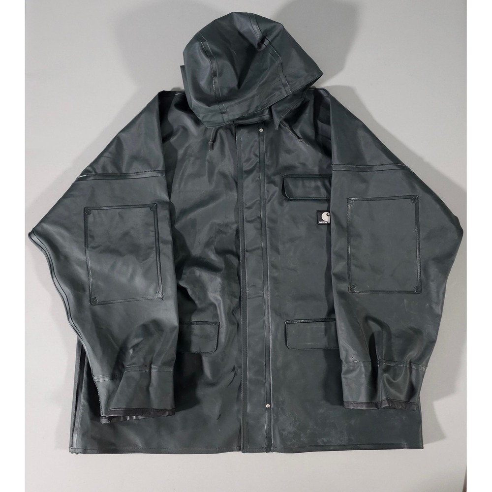 Carhartt Rain Jacket Mens Large Green Waterproof PVC Hooded Utility Coat C64GRN